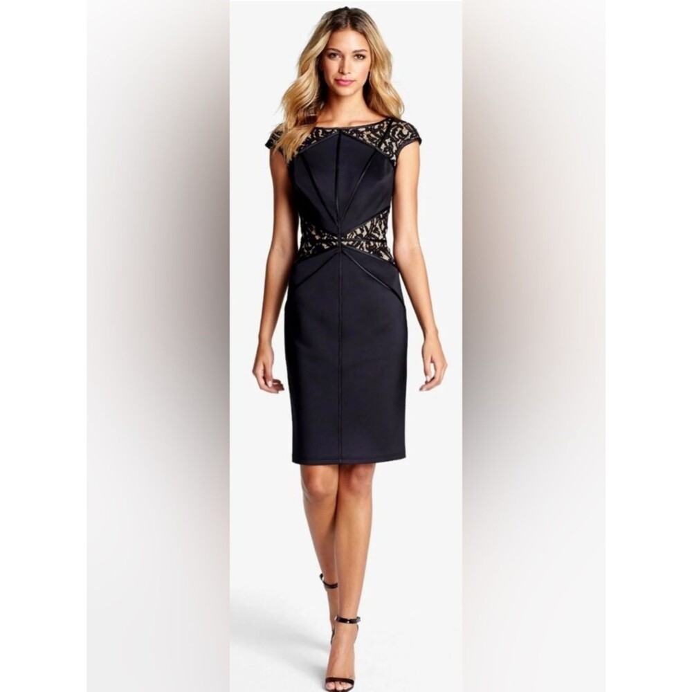 Tadashi Shoji Black Nude Lace Sheath Cocktail Bodycon Dress M Whimsygoth Witchy
